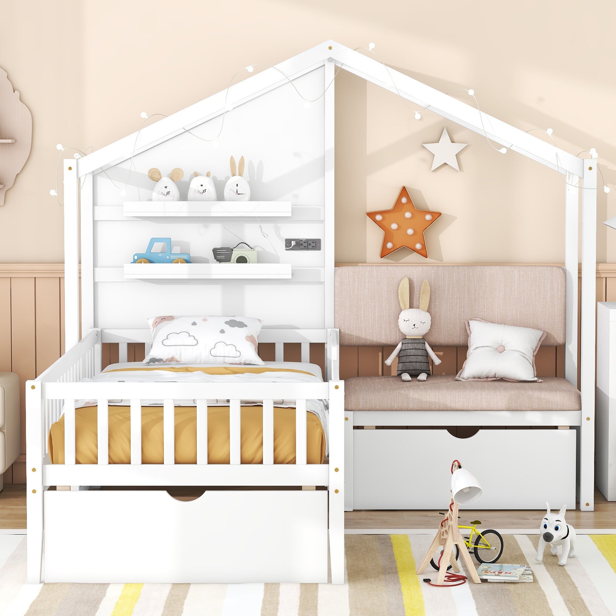Twin Size House Bed with Upholstered Sofa, House Bed with Charging Station, Wireless Charging, Shelves and Two Drawers, White - Atlantic Fine Furniture Melbourne FL