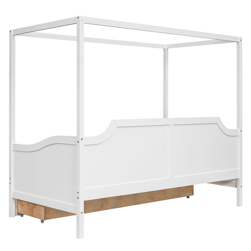 Twin Size Wooden Canopy Daybed with 3 in 1 Storage Drawers,White