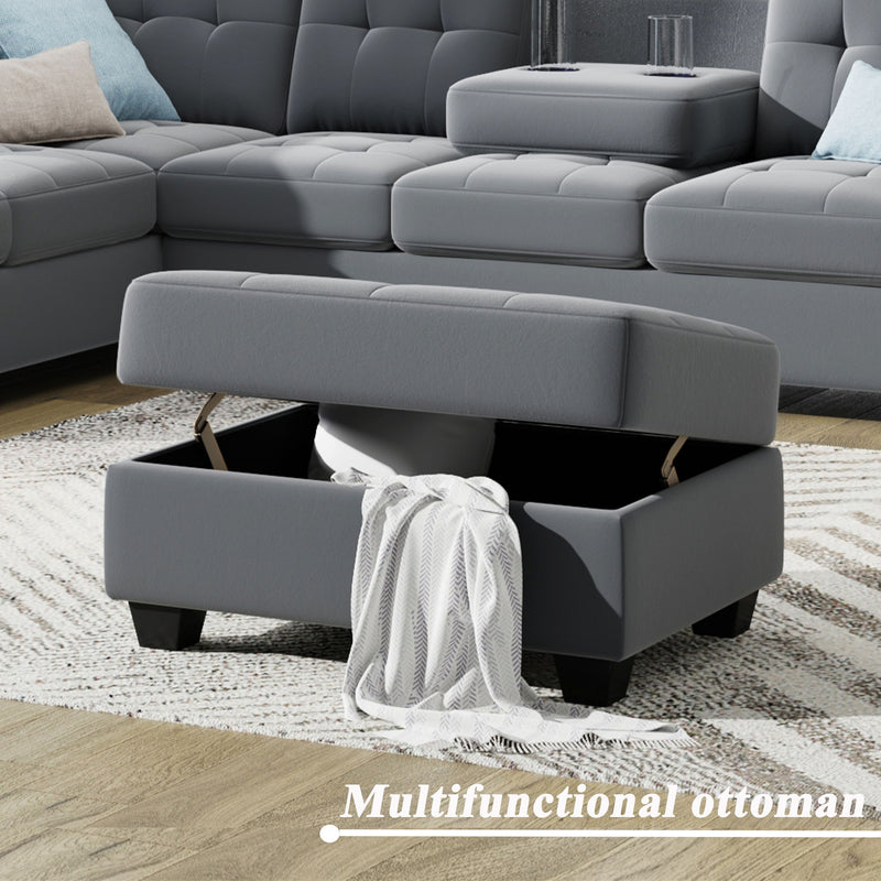 Sectional Sofa With Reversible Chaise Lounge, L-Shaped Couch With Storage Ottoman And Cup Holders