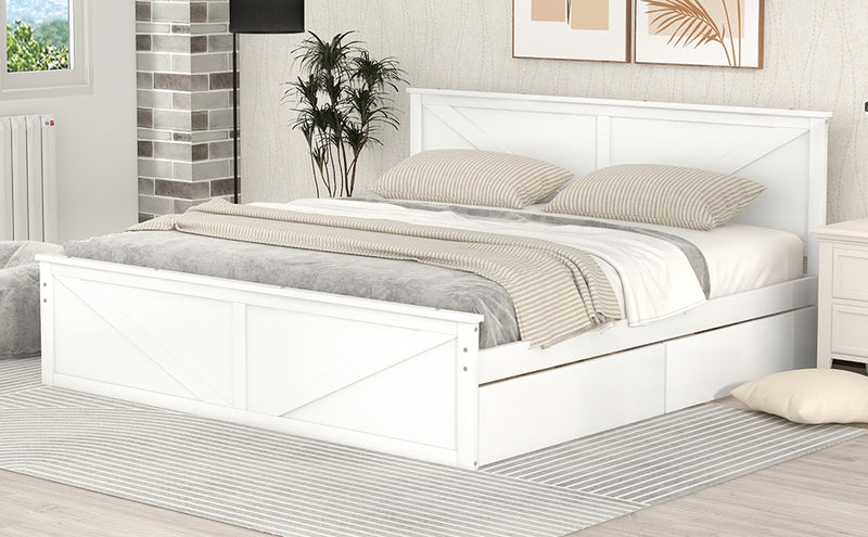 King Size Wooden Platform Bed with Four Storage Drawers and Support Legs, White