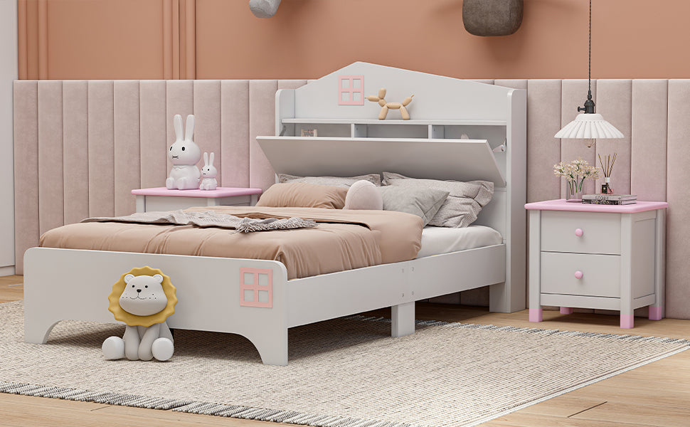 Wooden Twin Size House Bed with Storage Headboard ,Kids Bed with Storage Shelf, White - Atlantic Fine Furniture Melbourne FL