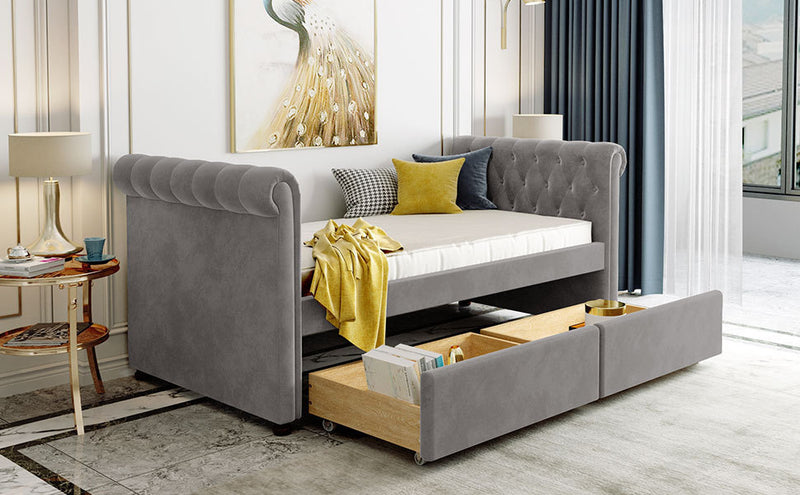 Twin Size Upholstered daybed with Drawers, Wood Slat Support, Gray(OLD SKU :LP000117AAE)