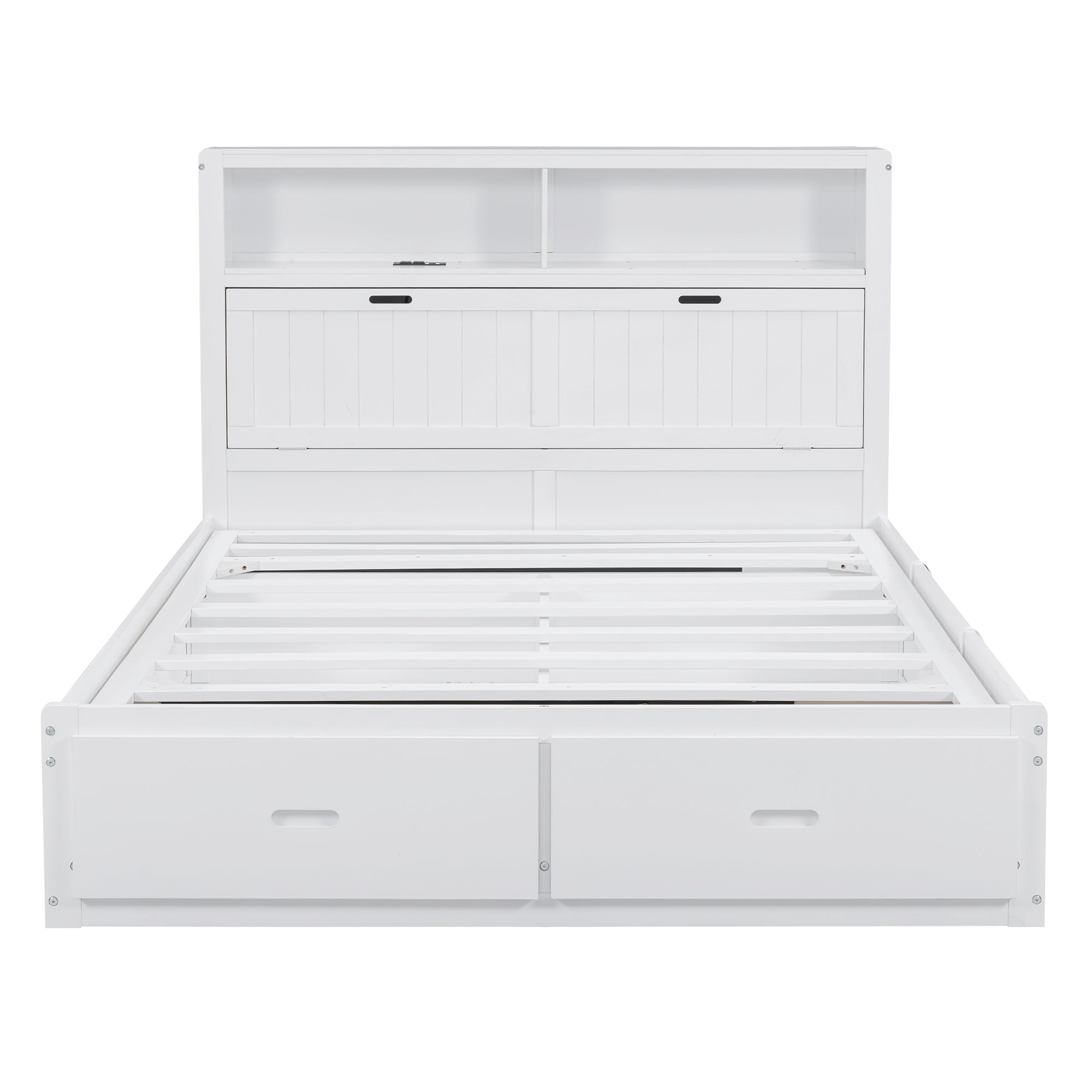 Wood Queen Size Hydraulic Platform Bed with Storage LED Headboard, Charging Station and 2 Drawers, White - Atlantic Fine Furniture Melbourne FL