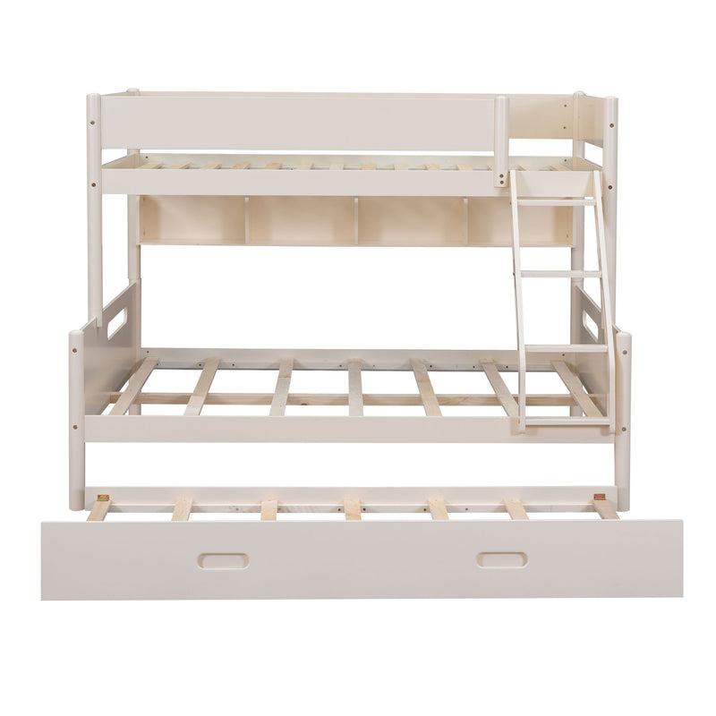 Wood Twin Over Full Bunk Bed With Storage Shelves And Twin Size Trundle - Cream