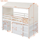 Twin Size Loft Bed with Rolling Cabinet, Shelf and Tent - White