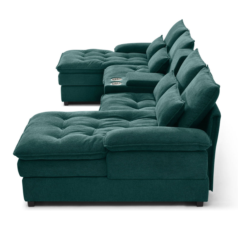U Shaped Sofa With Console And Cupholders, 6 Seat