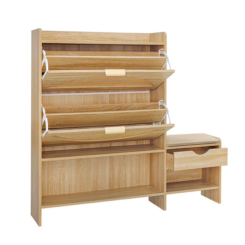 Shoe Storage Cabinet Rattan Shoe Storage Organizer With 2 Flip Drawers, A Storage Drawer And A Bench For Entryway, And Hallway - Light Brown
