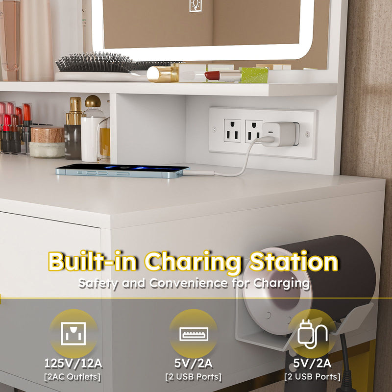 Elegant Makeup Vanity With Led Lights & Power Outlet - White