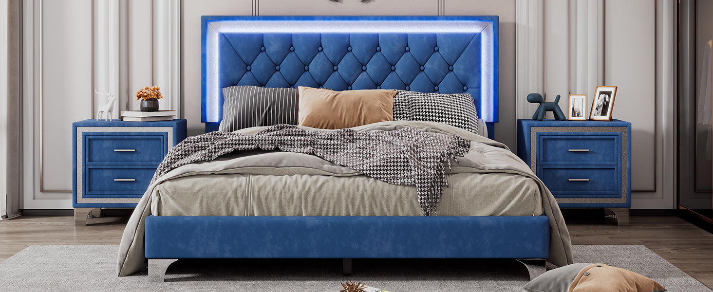 Queen Size Upholstered Bed Frame with LED Lights,Modern Velvet Platform Bed with Tufted Headboard,Blue - Atlantic Fine Furniture Melbourne FL