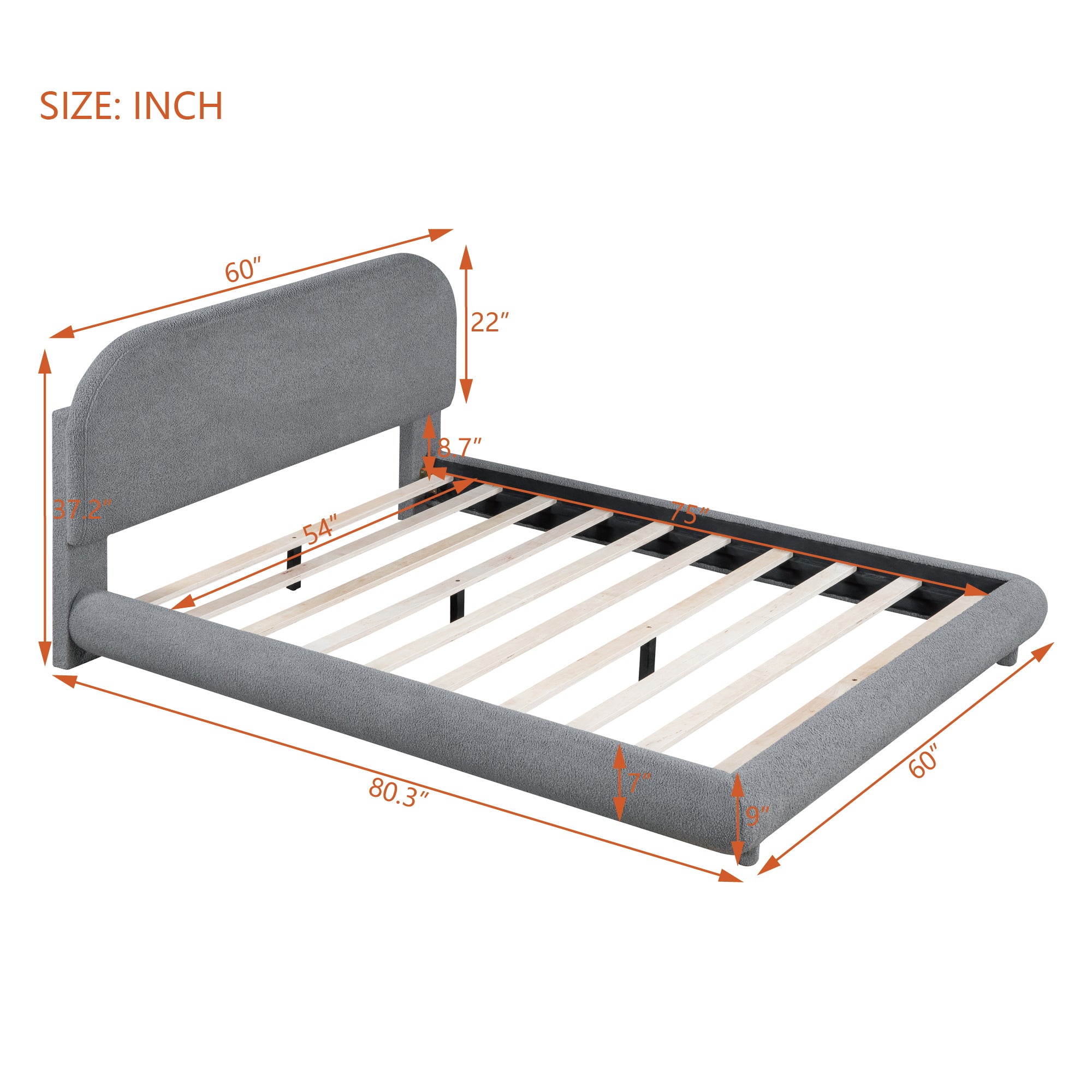 Teddy Fleece Full Size Upholstered Platform Bed with Thick Fabric, Solid Frame and Stylish Curve-shaped Design, Gray - Atlantic Fine Furniture Melbourne FL