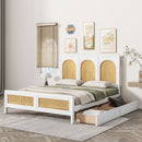 Full Size Wood Storage Platform Bed with 2 Drawers, Rattan Headboard and Footboard, White