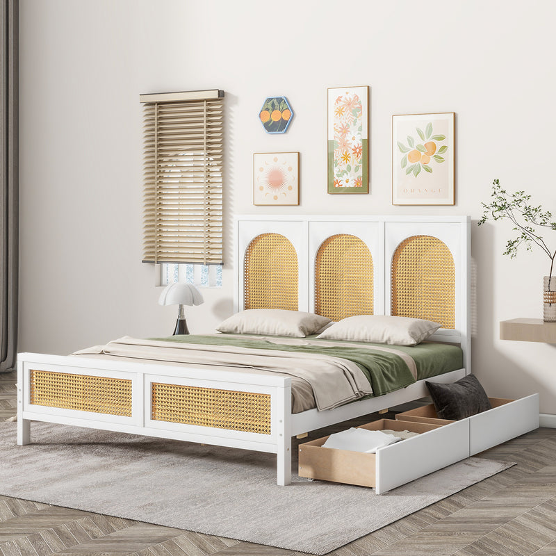 Full Size Wood Storage Platform Bed with 2 Drawers, Rattan Headboard and Footboard, White