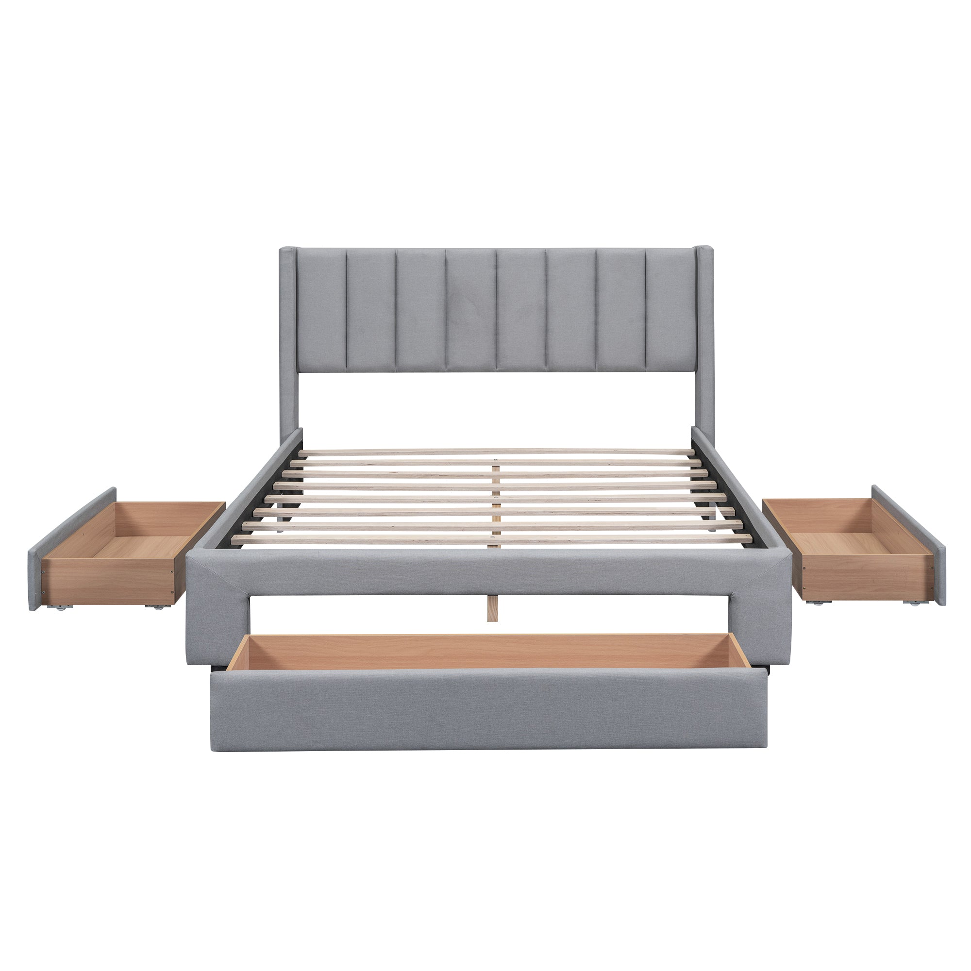 Queen Size Upholstered Platform Bed with One Large Drawer in the Footboard and Drawer on Each Side,Gray - Atlantic Fine Furniture Melbourne FL