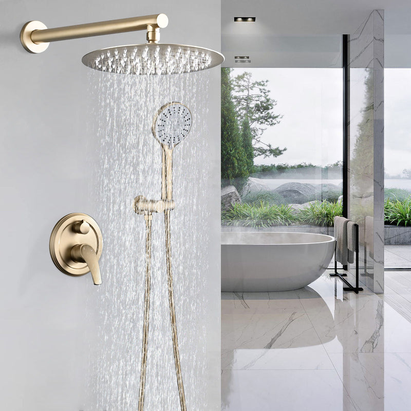 Wall Mounted Shower System With High Pressure Rain Shower Head & 5 Function Handheld - Brushed Gold