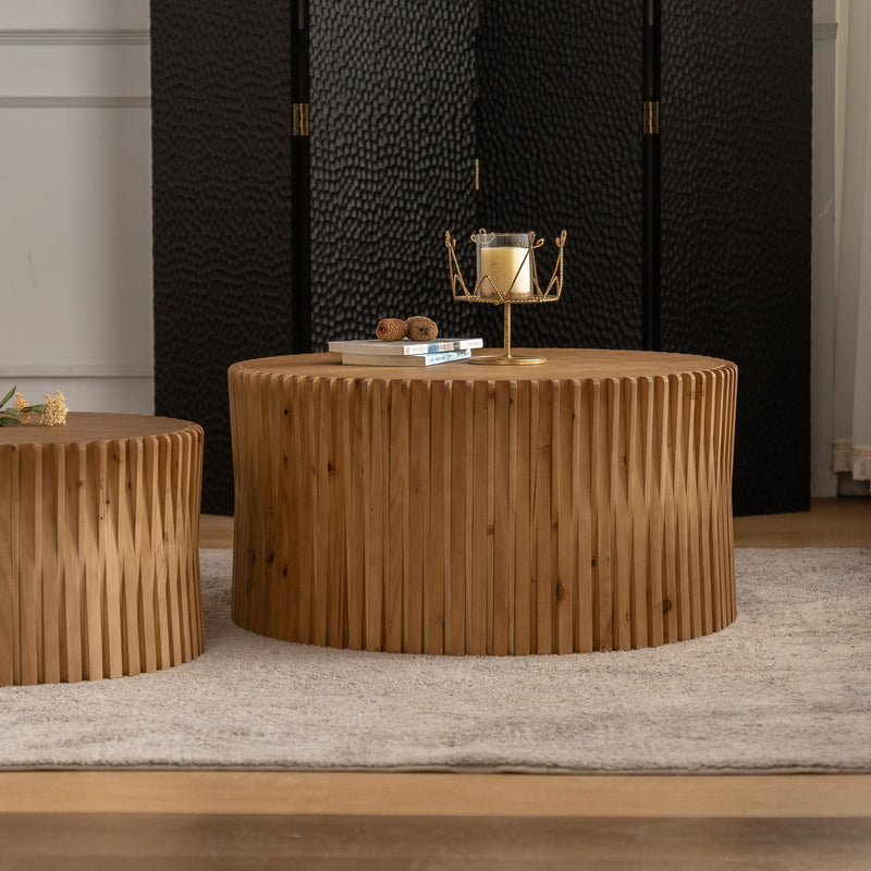 Vintage Fashion Style Cylindrical Nesting Coffee Table Set With Vertical Textured Embossed Design - Natural