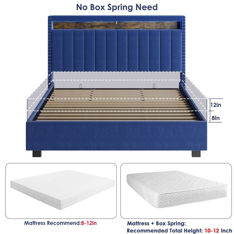 Luxury Gas Lift Storage Bed with RF LED Lights, Storage Headboard ,King Size ,Velvet Blue