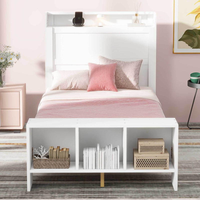 Twin Size Platform Bed with built-in shelves, LED Light and USB ports, White