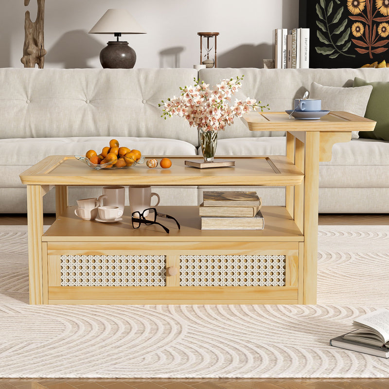 Coffee Table With 1 Storage Shelf, 2 Tabletops And 1 Rattan Drawer