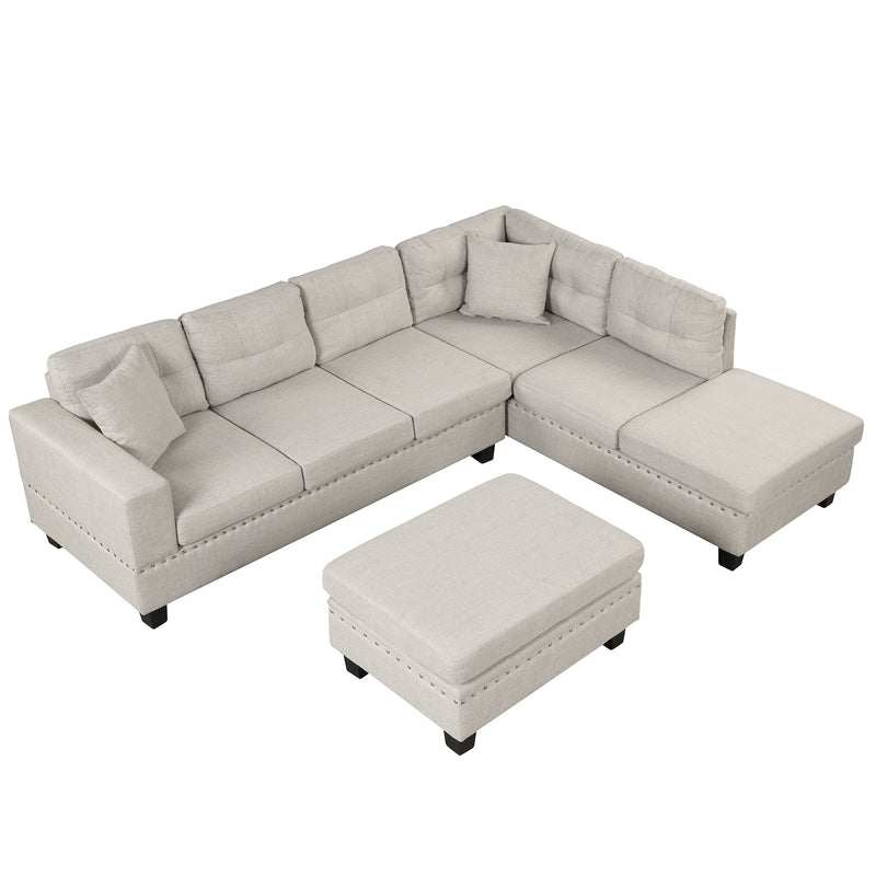 Modern Sectional Sofa With Storage Ottoman, L-Shape Couch With 2 Pillows And Cup Holder, Sectional Sofa With Reversible Chaise For Living Room