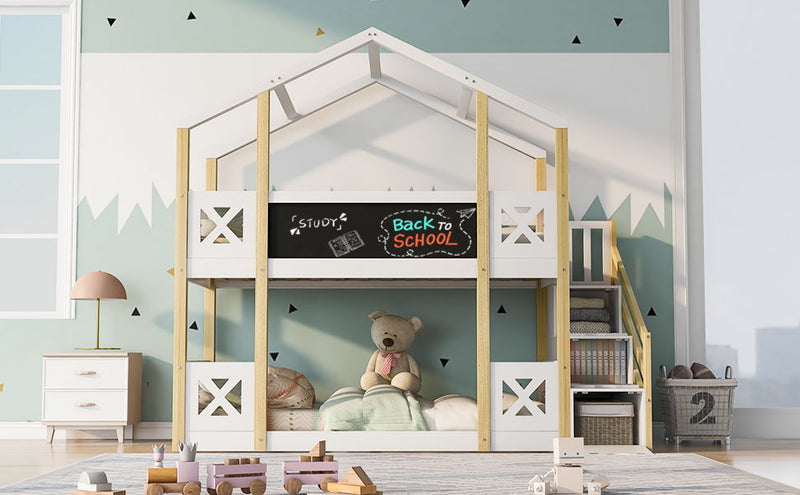Twin Over Twin House Bunk Bed With White Storage Staircase And Blackboards - White