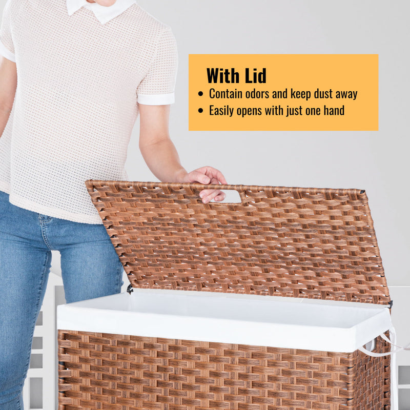 Laundry Hamper With Lid PE Rattan Powder Coating Frame Clothes Hampers With 2 Removable Bags