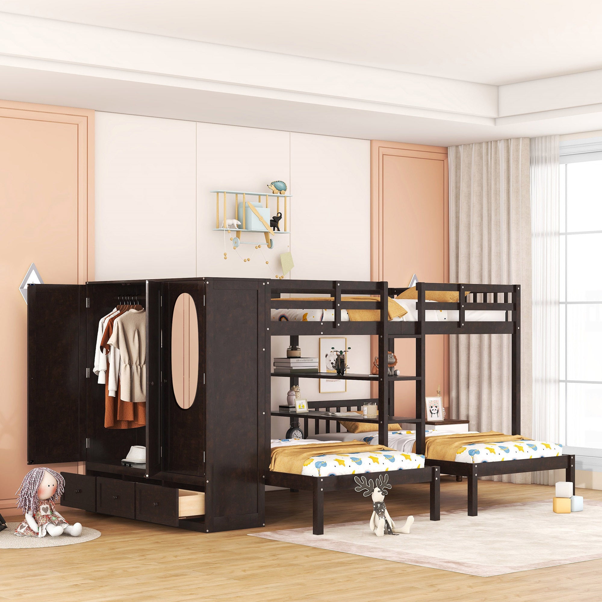 Full-Over-Twin-Twin Bunk Bed with Shelves, Wardrobe and Mirror, Espresso - Atlantic Fine Furniture Melbourne FL