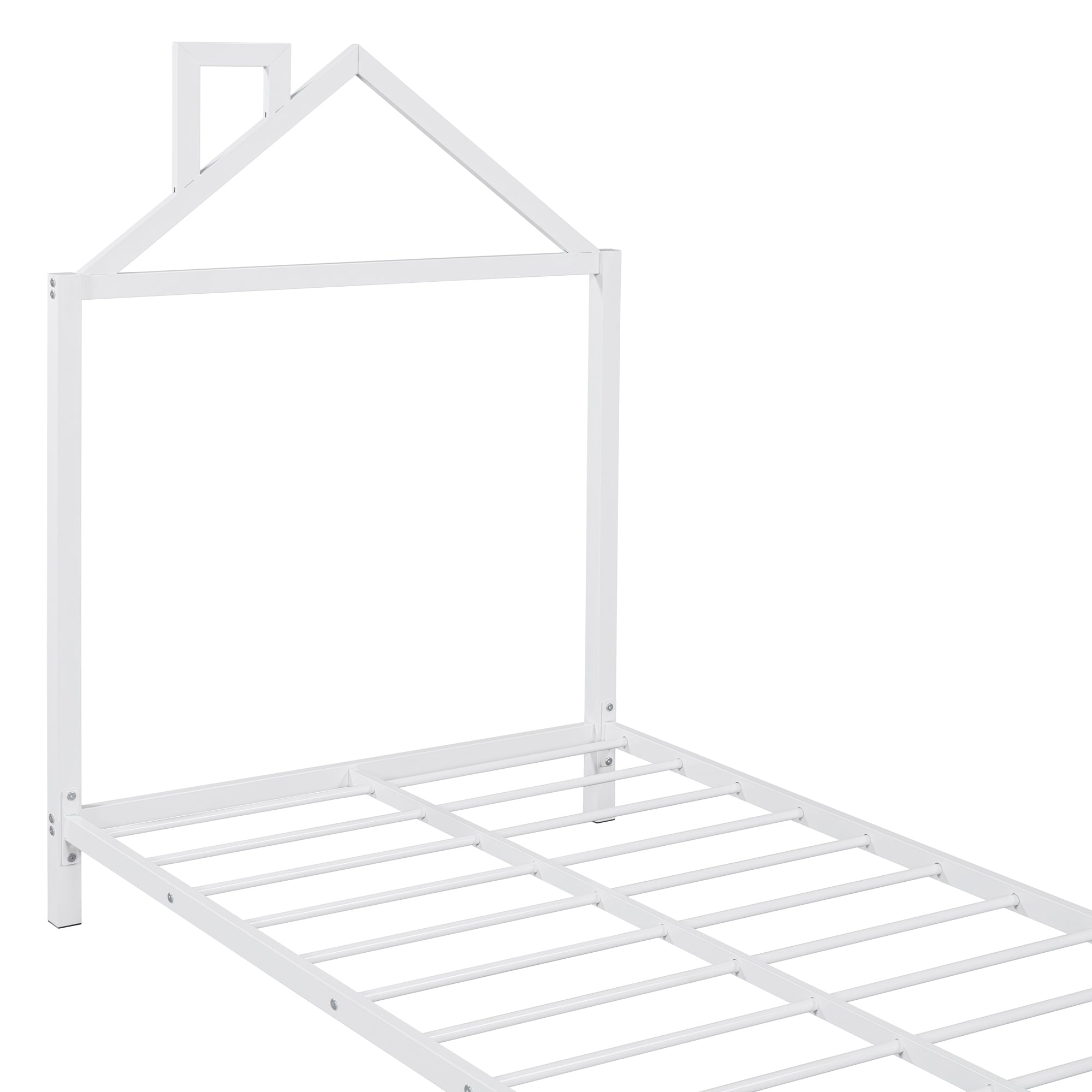 Twin Size Metal Platform Bed with House-Shaped Headboard Design, White - Atlantic Fine Furniture Melbourne FL