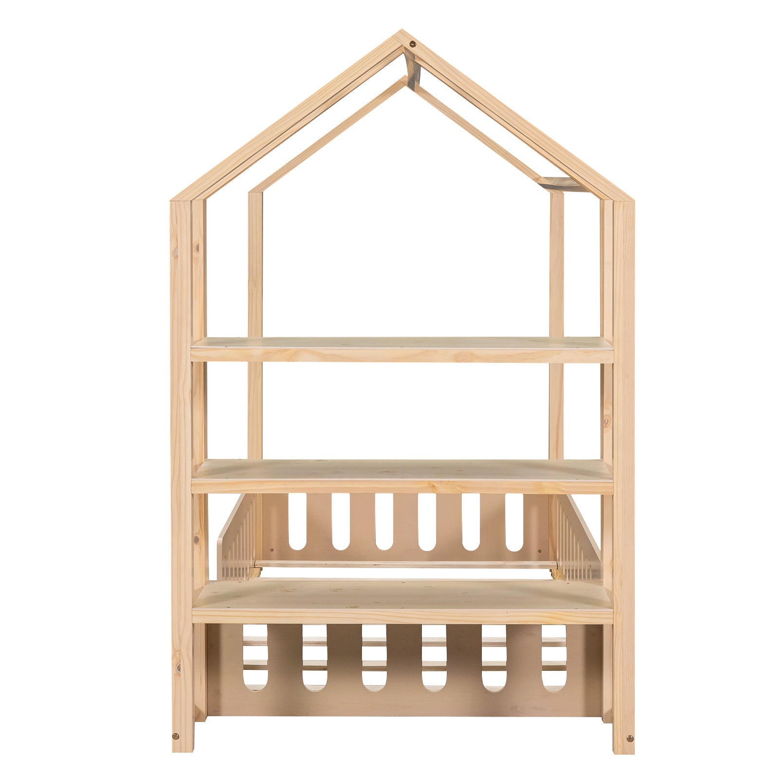 Twin Size Wood House Bed with Fence and Detachable Storage Shelves, Natural - Atlantic Fine Furniture Melbourne FL