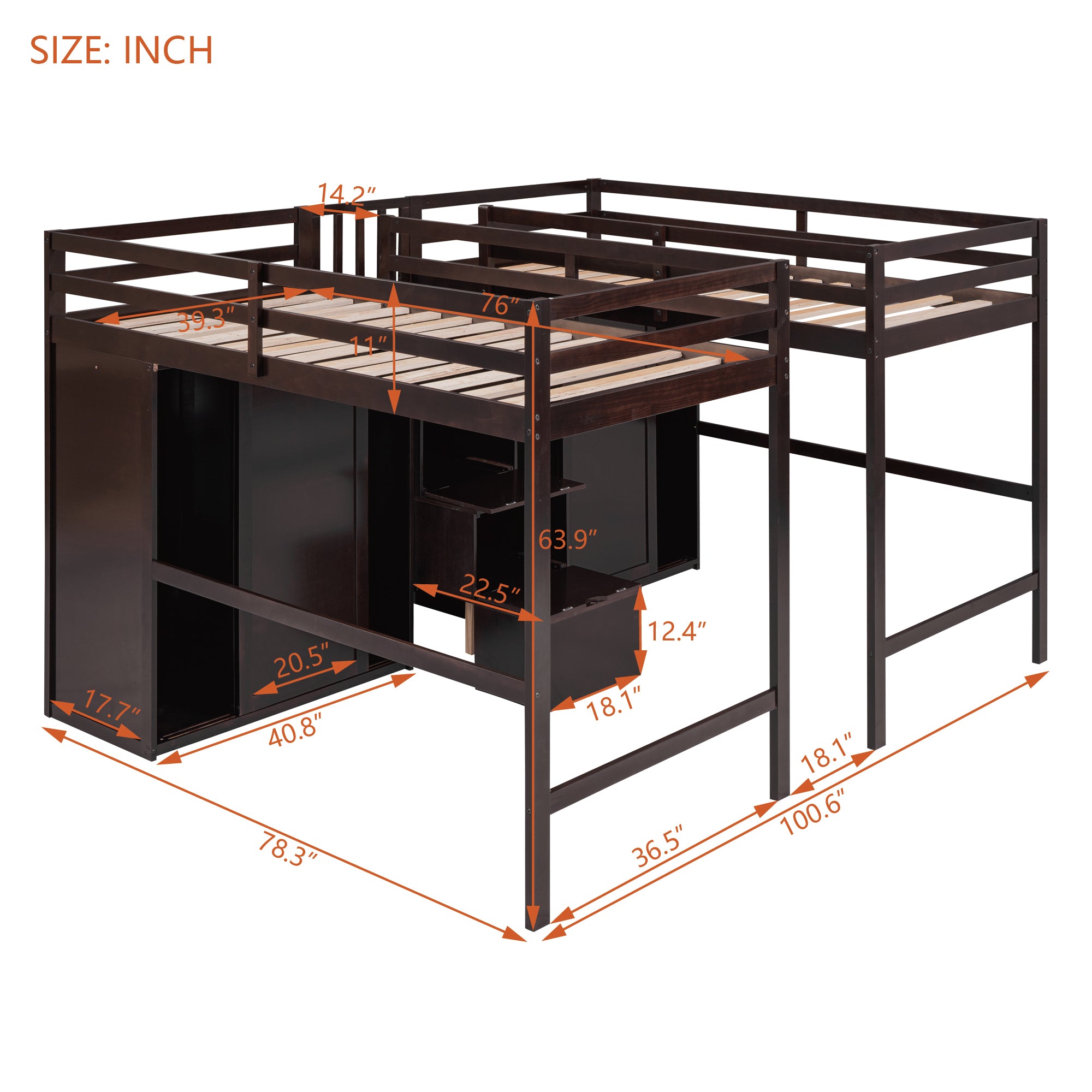 Double Twin Loft Beds with Wardrobes and Staircase, Espresso - Atlantic Fine Furniture Melbourne FL