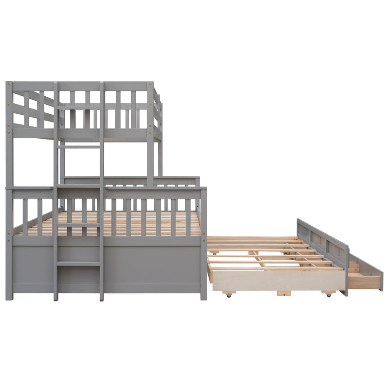 Twin-Over-Full Bunk Bed with Twin size Trundle , Separable Bunk Bed with Drawers for Bedroom - Gray