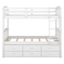 Twin over Twin Wood Bunk Bed with Trundle and Drawers,White