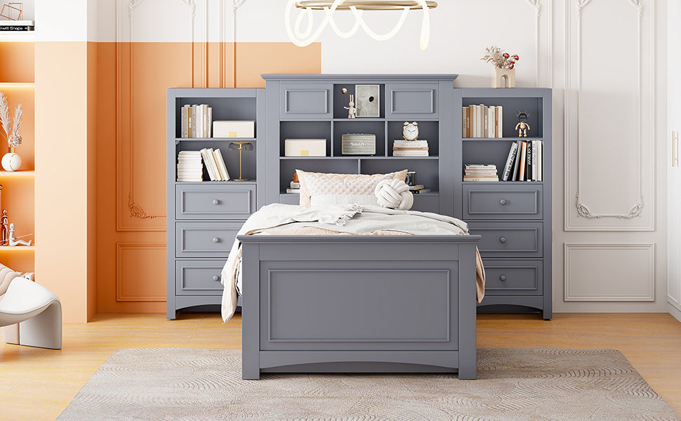 Twin Size Wood Platformbed with Vertical All-in-One Cabinet and 4 Drawers on each side, Gray - Atlantic Fine Furniture Melbourne FL