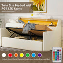 Twin Size Daybed with Hydraulic Storage, Upholstered Daybed with Lift Up Storage, Twin Leather Daybed with Charging Station and LED Lights,White(Expect arrival date Feb.13rd)