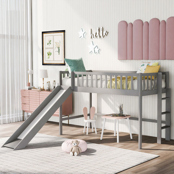 Twin Size Low Loft Bed with Ladder and Slide, Gray(OLD SKU:WF196418AAE)