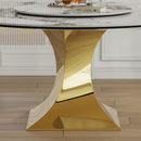 Luxury Round 59" Sintered Stone Dining Table With Stainless Steel Hourglass Base, Scratch & Heat Resistant Surface - Golden / White