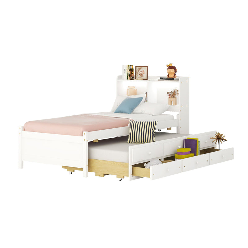 Bed With Built-In USB, Type-C Ports, LED Light, Bookcase Headboard, Trundle And 3 Storage Drawers, Bed With Bookcase Headboard, Trundle And Storage Drawers - Espresso