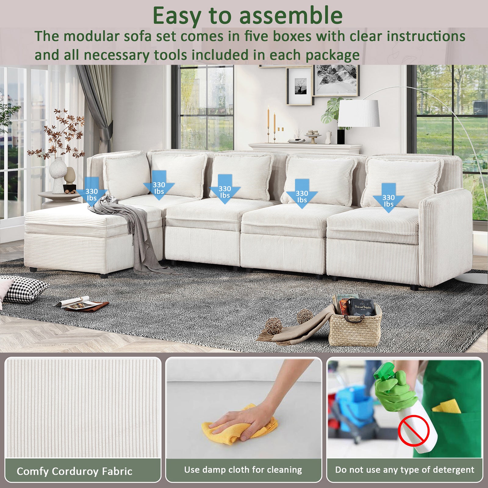 Modular Corduroy Sectional Sofa, Convertible L Shaped Couch Sofa with Storage,  5 Seat Sofa Couch for Living Room, Beige