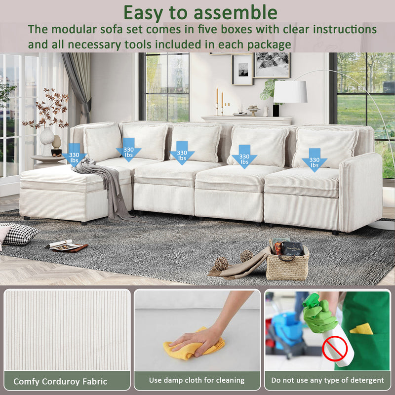Modular Corduroy Sectional Sofa, Convertible L Shaped Couch Sofa with Storage,  5 Seat Sofa Couch for Living Room, Beige
