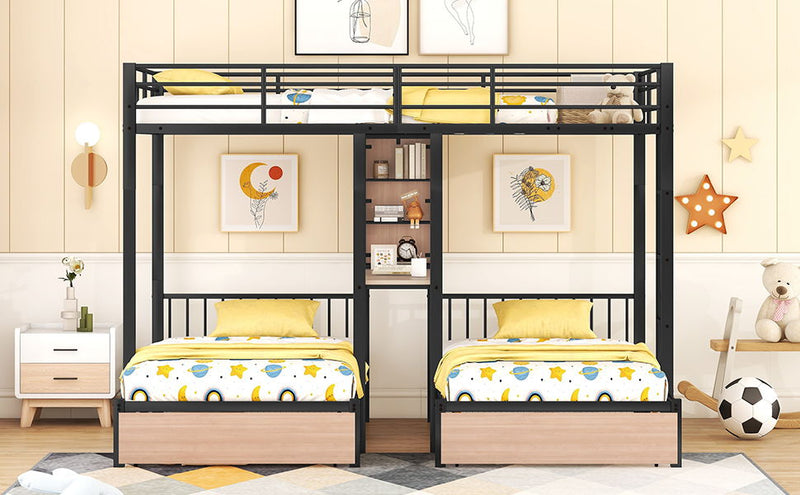 Triple Bunk Bed With Drawers, Multi-Functional Frame With Desks And Shelves In The Middle