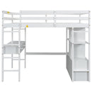 Full Size Loft Bed With Built In Desk, 2 Drawers, Storage Shelves - White