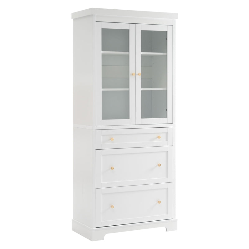 Freestanding Tall Bathroom Cabinet With 2 Adjustable Shelves, 3 Drawers, Soft Close Glass Doors - White