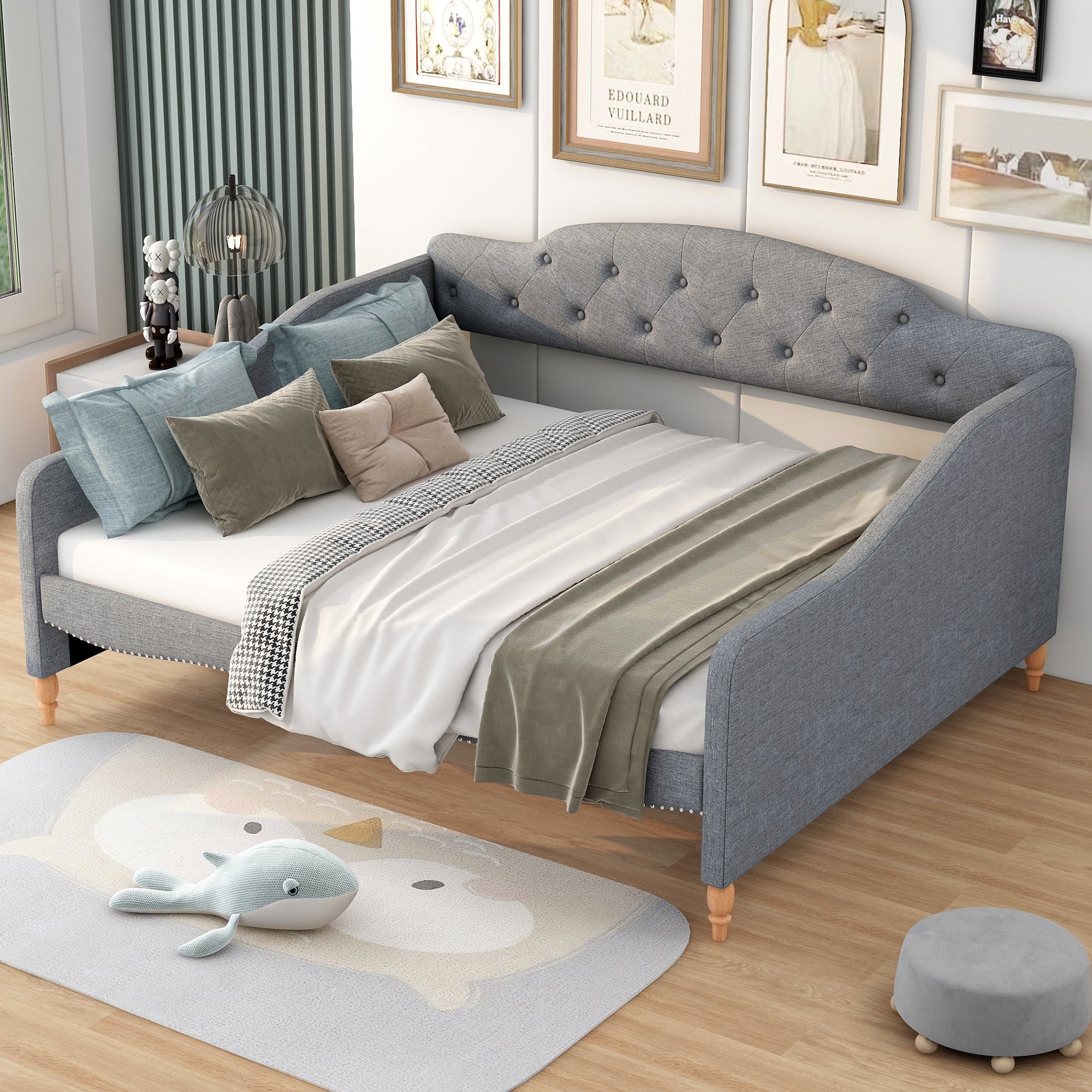 Full Size Vintage Upholstery Daybed with Button Tufted Backrest, Gray - Atlantic Fine Furniture Melbourne FL