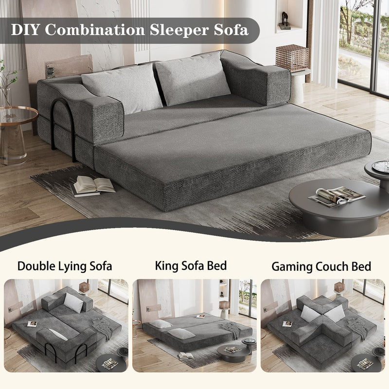Convertible Couch Bed With 2 Pillows, 3 Seat Folding Floor Couch & King Size Bed Mattress, Diy Combination - Gray