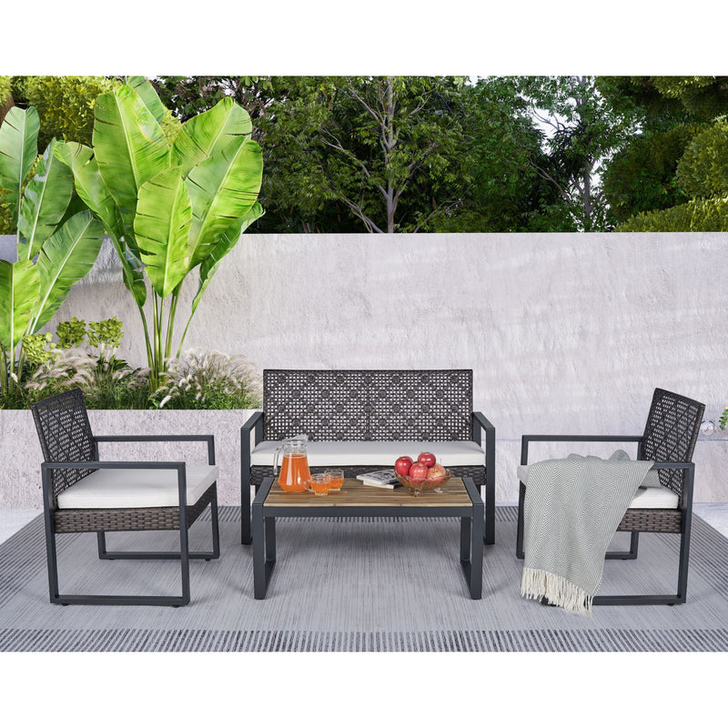 4 Piece Patio Furniture Set With Acacia Wood Table Top And Cushions