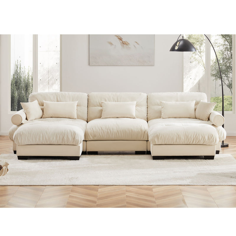 Modern Sectional Sofa With Ottoman, Round Bolster Armrests, Waist And Throw Pillows