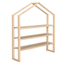 Full Size Wood House Bed with Fence and Detachable Storage Shelves, Natural