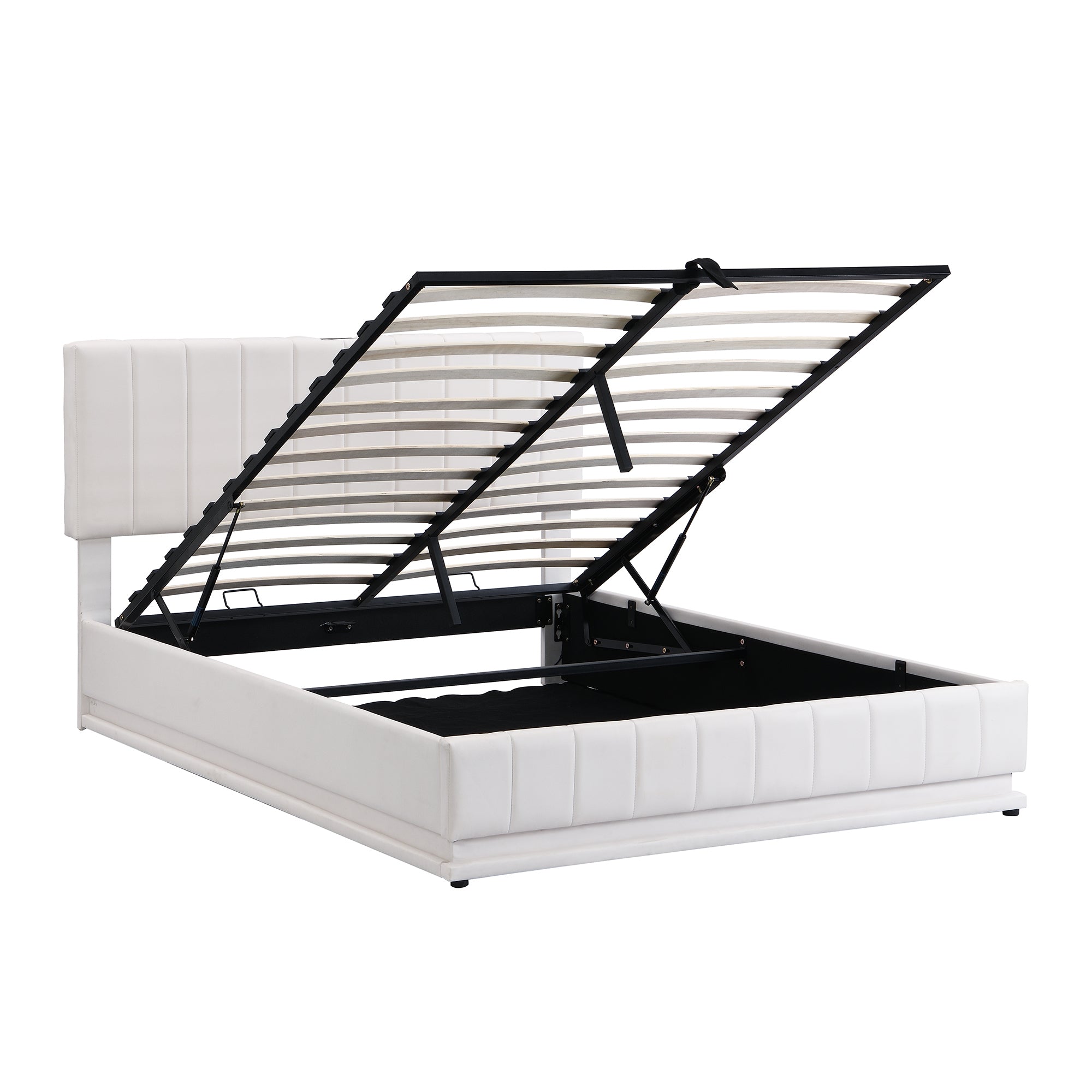 Queen Size Upholstered Bed with Hydraulic Storage System and LED Light, Modern Platform Bed with Sockets and USB Ports, White - Atlantic Fine Furniture Melbourne FL