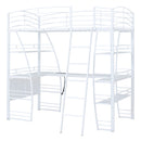 Twin Size Loft Bed with 4 Layers of Shelves and L-shaped Desk, Stylish Metal Frame Bed with a set of Sockets, USB Ports and and Wireless Charging, White