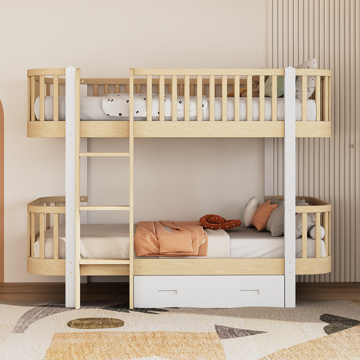 Wood Twin over Twin Bunk Bed with Fence Guardrail and a Big Drawer, Natural White - Atlantic Fine Furniture Melbourne FL