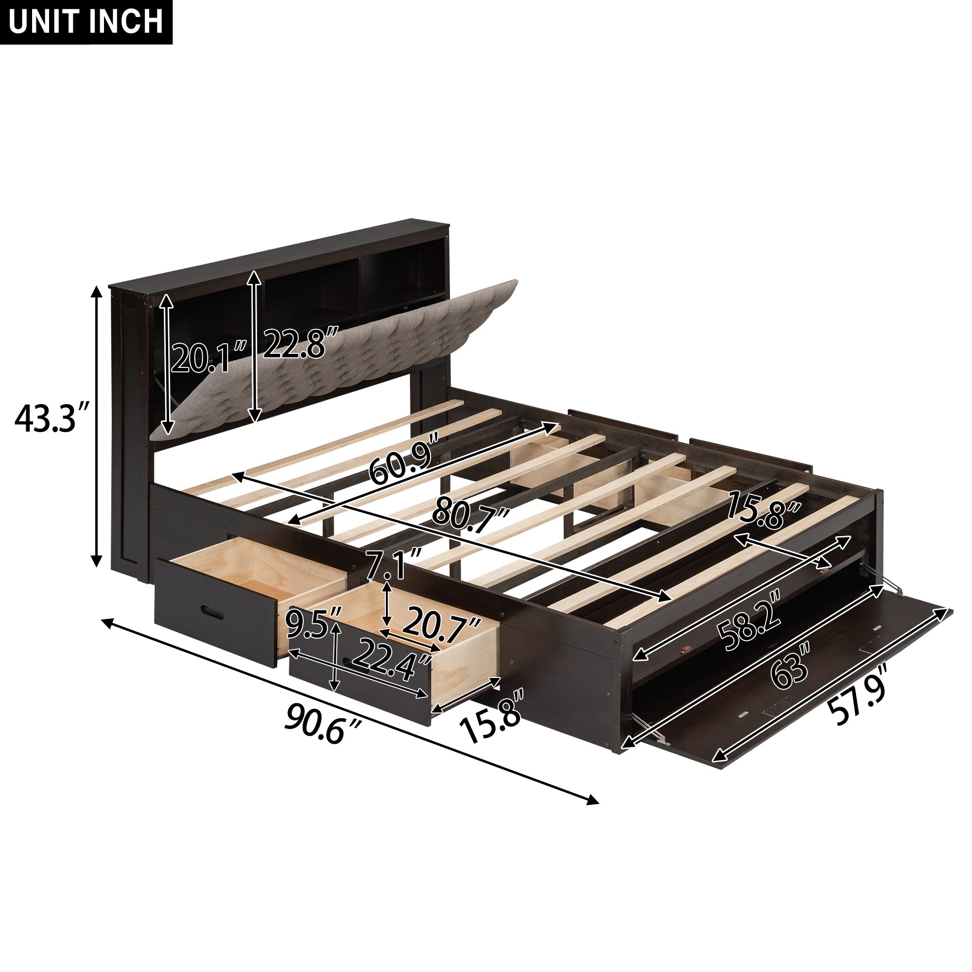 Wood Queen Size Platform Bed with Storage Headboard, shoe rack and 4 drawers,Espresso - Atlantic Fine Furniture Melbourne FL